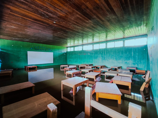 Flooded classroom in a village in Peruvian Amazon.